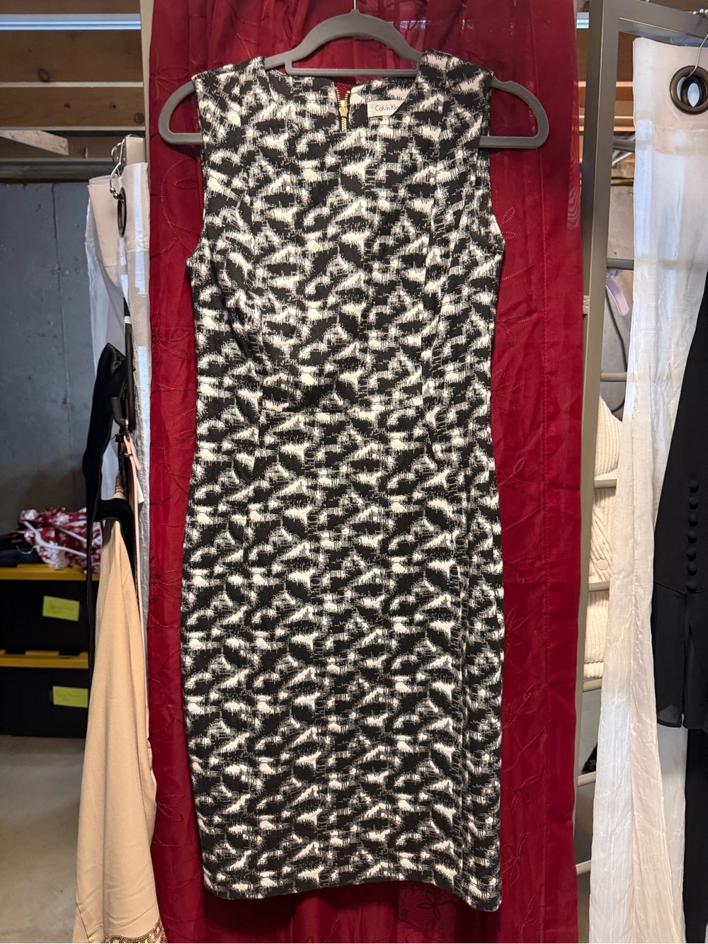 Calvin Klein Black and White Patterned Midi Sheath Dress - Picture 2 of 5